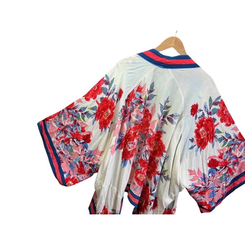 Flying Tomato Womens Floral Kimono Wrap Red Blue Striped Trim Rayon S/M - Picture 11 of 12